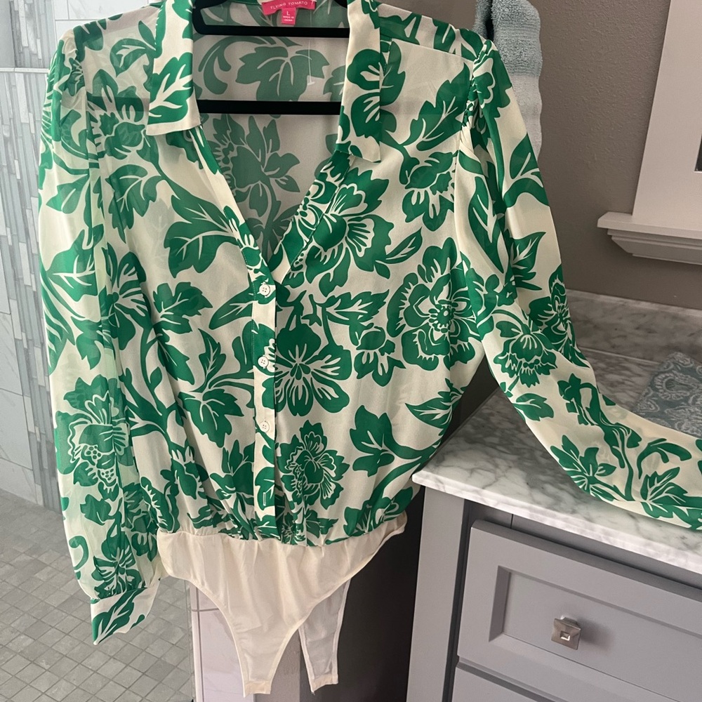Flying Tomato Green and White Floral Bodysuit